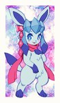 3_toes 4_fingers ambiguous_gender anthro anthrofied blue_body blue_eyes blue_hair blush blush_lines bow_ribbon eeveelution extyrannomon_(artist) featureless_crotch feet fingers generation_4_pokemon glaceon hair hi_res looking_at_viewer nintendo open_mouth pokemon pokemon_(species) pokemorph scarf simple_background solo toes
