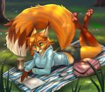 anthro arms_bent backpack bent_legs beverage book bottomwear calves_up clothing coffee container cup detailed_background electronics female fluffy fluffy_tail green_eyes hair lying on_front outside park pawpads phone pink_pawpads raised_calf red_hair shorts solo sweater tail topwear aimi autumn_(praexon) canid canine fox mammal red_fox true_fox digital_media_(artwork) shaded