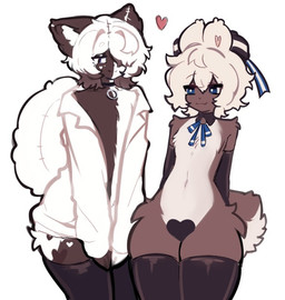 anthro arm_warmers armwear biped blush clothed clothing crossdressing duo featureless_crotch femboy fluffy fluffy_hair fluffy_tail hair heart_symbol jacket jewelry kerchief legwear male navel neckerchief necklace neckwear tail thick_thighs thigh_highs topwear wide_hips katsucoffee orion_(katsucoffee) domestic_cat felid feline felis lagomorph leporid mammal rabbit