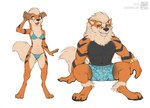 3_toes anthro barefoot bikini black_body black_fur black_nose blonde_hair bulge clock clothed clothing duo ear_piercing exposure_variation eyewear feet female front_view fur glasses hair humanoid_hands larger_male male multicolored_body multicolored_fur muscular muscular_male navel open_mouth orange_body orange_fur paws piercing simple_background sitting size_difference smaller_female smile standing swimwear tan_body tan_fur teeth toes tongue topless two-piece_swimsuit watch white_background zaush nintendo pokemon arcdaddy_(zaush) arcanine generation_1_pokemon growlithe pokemon_(species) 2019 absurd_res hi_res