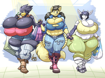 5_fingers anthro beverage big_breasts biped black_body black_feathers black_hair blue_hair breasts bulging_breasts cleavage cleavage_overflow clothed clothing feathers female fingers fully_clothed fur group hair horn huge_breasts skindentation white_body white_fur white_horn year yellow_body yellow_fur jaeh busty_bird muffin_(orikomi) orikomi_(character) avian bird canid canine corvid corvus_(genus) crow mammal oscine passerine 2013 signature