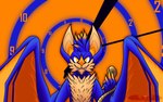 5_fingers >:) abstract_background anthro arm_tuft bat_ears big_ears blue_body blue_fur cheek_tuft chin_tuft claws clock facial_tuft fangs fauxhawk fingers fluffy_chest fur glowing glowing_claws glowing_ears glowing_nose glowing_pupils glowing_veins hair hypnosis hypnotizing_viewer looking_at_viewer male membrane_(anatomy) membranous_wings mind_control multicolored_hair orange_background orange_body orange_eyes orange_fur orange_hair orange_membrane orange_nose pocketwatch shoulder_tuft simple_background solo spiral_background tan_body tan_fur teeth tuft two_tone_hair watch wings darkoverord ferris_brubat bat mammal 16:10 2023 colored digital_media_(artwork) hi_res widescreen