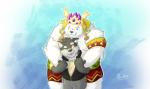 anthro duo fur hug humanoid_hands male overweight overweight_male scar white_body white_fur podataiga polariz sdorica crushfang_(sdorica_sunset) bear canid canine mammal polar_bear ursine 2018 absurd_res hi_res