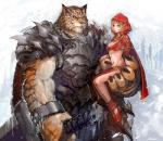 anthro armor big_hands big_muscles blonde_hair bone bottomwear bra brown_nose cape carrying_another claws clothing cold collar duo eye_scar facial_scar fangs female footwear fur green_eyes guardian hair hammer holding_character huge_muscles ice jewelry loincloth male multicolored_body multicolored_fur muscular navel orange_body orange_fur outside red_cape red_clothing romantic romantic_couple scar shoes size_difference skull snow spikes standing stripes teeth tools underwear warrior white_body white_fur yellow_eyes kazeco elf felid humanoid mammal pantherine tiger detailed digital_media_(artwork)