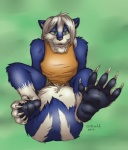 5_toes anthro barefoot biped blue_body blue_fur claws countershading curling_toes feet foot_focus fur green_eyes hair hindpaw looking_at_viewer male paws soles solo tail toes white_hair catwolf taki_(takikuroi) mammal mephitid skunk striped_skunk