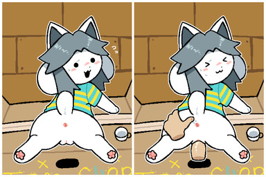 anus blush butt butt_grab duo female feral genitals grey_hair hair hand_on_butt penetration vaginal vaginal_penetration vulva white_body taikupy_cat undertale undertale_(series) temmie_(undertale) canid canine human mammal hi_res