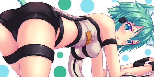 accessory all_fours blue_body blue_eyes blue_fur blue_hair blush breasts butt clothed clothing dotted_background ear_tuft female fingerless_gloves fingers fur gloves hair hair_accessory handwear looking_at_viewer looking_back open_mouth pattern_background presenting presenting_hindquarters short_hair simple_background solo tuft fastrunner2024 sword_art_online shino_asada animal_humanoid cat_humanoid domestic_cat felid felid_humanoid feline feline_humanoid felis humanoid mammal mammal_humanoid 2017 absurd_res digital_media_(artwork) hi_res shaded