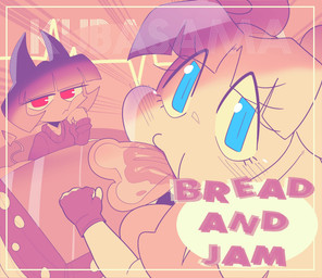 blue_eyes blush blush_lines bread breasts clothing duo eating female food hair horn looking_at_viewer red_eyes simple_background tail text kubasama otona_(kubasama) reina_(kubasama) angel demon demon_humanoid humanoid digital_media_(artwork) hi_res signature