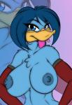 anthro areola armwear beak big_breasts blue_body blue_eyes blue_feathers blue_hair blush breasts clothing curvy_figure elbow_gloves feathers female gloves hair hands_on_hips handwear huge_breasts multicolored_hair nipple_dip nipples non-mammal_breasts non-mammal_nipples nude pink_hair smile solo tongue tongue_out two_tone_hair voluptuous wide_hips yellow_body yellow_skin mastergodai knuckle_up! jupiter_(mastergodai) anatid anseriform avian bird duck hi_res