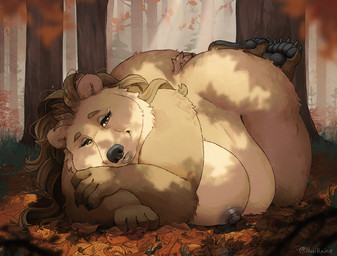 5_fingers 5_toes anthro areola autumn belly big_belly big_breasts big_butt black_nose black_pawpads breasts brown_body brown_eyes brown_fur brown_hair butt cellulite claws countershading eyebrows eyelashes feet female fingers forest forest_background fur grass grey_nipples hair huge_breasts huge_butt leaf lips long_hair looking_at_viewer lying mature_female nature nature_background neck_tuft nipples nude obese obese_female on_front overweight overweight_female pawpads plant smile solo tail tail_tuft thick_bottom_lip thick_thighs toes tree tuft wide_hips wrinkles noviraine nora_(tasanko) bear brown_bear mammal ursine 2025 digital_media_(artwork) signature