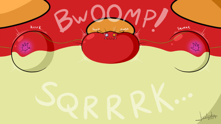 air_inflation ellipsis exclamation_point fangs immobile inflation motion_lines mouth_closed onomatopoeia puffed_cheeks sound_effects teeth text white_text justydia monster_allergy bombo monster 2025 dated hi_res
