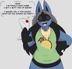 2021 anthro black_hair blue_body blue_fur blush canid canine clothed clothing dart_(dewwydarts) dewwydarts dialogue english_text food fur generation_4_pokemon gloves_(marking) green_clothing green_shirt green_topwear hair hi_res holding_object letter long_hair looking_at_viewer lucario male mammal markings nintendo open_mouth pokemon pokemon_(species) shirt simple_background simple_eyes solo spikes spikes_(anatomy) standing taco talking_to_another text topwear