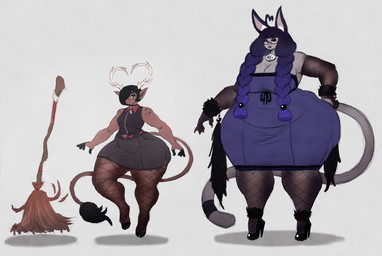 2_horns ahoge anthro armwear belly belt big_belly big_breasts blue_eyes bottom_heavy braided_hair breasts broom brown_body brown_fur choker cleaning_tool cleavage clothed clothing curvy_figure dress duo ear_piercing elbow_gloves eyeshadow eyewear female fishnet_clothing fishnet_gloves fishnet_handwear fishnet_legwear footwear fur glasses gloves grey_body grey_fur grin hair hair_over_eye handwear high_heels hooves horn huge_hips huge_thighs hyper hyper_hips hyper_thighs inner_ear_fluff jewelry larger_anthro larger_female legwear lipstick long_hair magic_broom makeup markings mole_(marking) moon_symbol necklace overweight overweight_anthro overweight_female pear-shaped_figure piercing shoes size_difference sleeveless_shirt small_breasts smaller_anthro smaller_female smile spots spotted_body spotted_fur tail tail_tuft teeth thick_thighs tuft voluptuous voluptuous_anthro voluptuous_female wide_hips itzjaylock misty_(itzjaylock) antelope bovid domestic_cat felid feline felis mammal hi_res