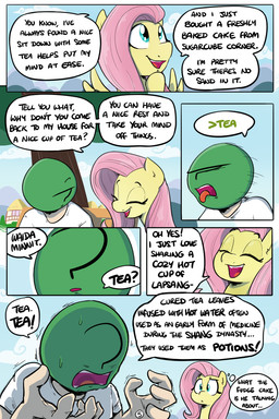 bodily_fluids clothing dialogue duo female feral male outside sitting standing sweat text tongue shoutingisfun friendship_is_magic hasbro my_little_pony anon fluttershy_(mlp) equid human mammal 2:3 comic english_text hi_res
