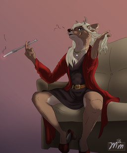 anthro antlers belt belt_buckle blowing_smoke buckle cigarette cigarette_holder clothing ear_piercing female fingers_in_hair footwear fur furniture hair heelpop high_heels horn jacket jewelry loose_footwear low-angle_view multicolored_body multicolored_fur necklace oversized_clothing piercing red_clothing red_jacket red_topwear shoes smile smoking sofa solo tan_body tan_fur topwear white_body white_fur white_hair mangomutt deer mammal 5:6 hi_res signature