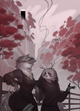 anthro bandage bandaged_arm bandaged_hand bandaged_leg big_butt big_ears black_body black_fur branch breasts butt claws clothed clothing crown_of_thorns detailed_background duo exit_sign female fence fluffy fluffy_tail fog fur glowing hoodie horn larger_female leaf long_ears looking_at_another looking_up male multicolored_body multicolored_fur plant red_eyes size_difference smaller_male smile smoke tail talking_to_another teeth tent thick_thighs thread tongue topwear tree two_tone_body two_tone_fur vest waterfall white_body white_fur yellow_eyes littleclown the_backrooms hope_(anunusedaccount) ori_(sinnerpen) canid canine canis lagomorph leporid mammal rabbit wolf absurd_res hi_res huge_filesize