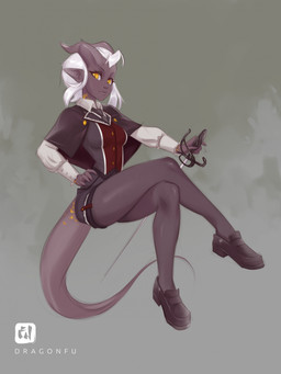 alternative_fashion bottomwear breasts capelet clothed clothing crossed_legs female footwear fully_clothed grey_background hair hand_on_hip holding_melee_weapon holding_object holding_sword holding_weapon horn hotpants humanoid_pointy_ears j-fashion looking_at_viewer melee_weapon minishorts not_furry ouji_(fashion) pointy_ears pupils purple_body purple_skin rapier scales shoes shorts simple_background slit_pupils small_waist solo sword tail topwear vest weapon white_hair yellow_body yellow_eyes yellow_scales dragonfu vigil_nightwarden humanoid hybrid scalie tiefling 2019 full-length_portrait hi_res portrait
