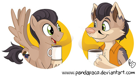 anthro black_hair brown_body brown_fur brown_wings closed_smile clothed clothing container cup feral fur glistening glistening_eyes green_eyes grey_body grey_fur hair holding_container holding_cup holding_mug holding_object logo male male_anthro male_feral mouth_closed mug open_clothing open_mouth open_smile open_topwear open_vest orange_clothing orange_topwear orange_vest pink_nose smile solo tan_body tan_fur text topwear vest wings pandapaco hasbro my_little_pony canid canine equid equine fox horse mammal pony artist_logo multiple_images signature url
