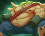 anthro belly bottomwear claws clothing denim denim_bottomwear denim_clothing gun gun_arm horn jeans long_ears male musclegut muscular nipples pants pawpads pecs ranged_weapon solo weapon steen bandai_namco digimon digimon_(species) gargomon absurd_res hi_res