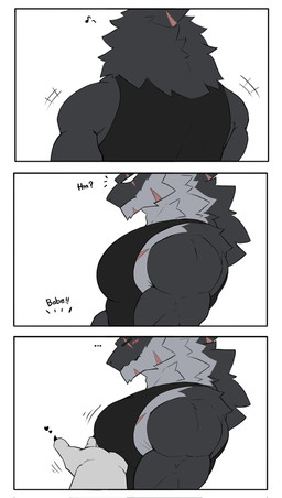 anthro biceps big_muscles black_body black_claws black_clothing black_fur black_shirt black_tank_top black_topwear blush chest_scar claws clothed clothed_anthro clothed_male clothing countershade_face countershade_fur countershade_neck countershade_torso countershading dialogue disembodied_hand duo ellipsis eye_scar eyes_closed facial_scar finger_claws fur grey_body grey_countershading grey_fur heart_symbol male mouth_closed muscular muscular_anthro muscular_male musical_note musical_symbol pec_shelf rear_view scar shirt side_view simple_background simple_eyes symbol tank_top text topwear white_background white_eyes wolfblack43 aquatic fish furred_shark shark 2025 comic digital_drawing_(artwork) digital_media_(artwork) english_text hi_res