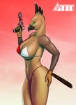 anthro beak beretta_92 bikini breasts clothed clothing feathers female gloves gun hand_on_butt handwear holding_object holding_weapon navel nipple_outline non-mammal_breasts ranged_weapon side_boob side_view simple_background smile solo swimwear tail tail_feathers two-piece_swimsuit under_boob weapon yellow_eyes pirin-apex accipitrid accipitriform avian bird hi_res