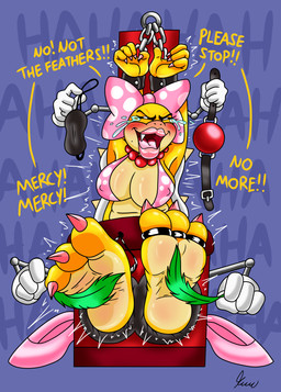 anthro arms_above_head arms_tied bikini_only blindfold blush bodily_fluids bound claws colored_nails countershade_feet countershade_torso countershading crying_laughing discarded_footwear eyes_closed feet feet_tied female foot_fetish foot_focus imminent_gag laugh lips lipstick makeup nails nipple_outline pink_nails pink_toenails restrained_arms restraints simple_background solo stocks tears text thick_lips tickle_torture tickling tickling_feet toe_claws toenails toes yellow_body skoufidios mario_bros nintendo koopaling wendy_o._koopa koopa scalie hi_res