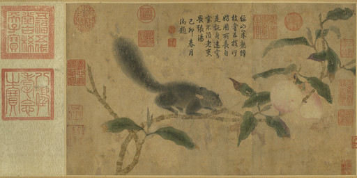 ambiguous_feral ambiguous_gender branch claws feral finger_claws food fruit fur leaf long_tail on_branch peach_(fruit) plant quadruped side_view simple_background solo standing tail text toe_claws tree qian_xuan mammal rodent sciurid tree_squirrel 13th_century absurd_res ancient_art chinese_text hi_res painting_(artwork) traditional_media_(artwork) traditional_painting_(artwork) translation_request