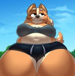 anthro belly big_breasts big_eyes biped black_bra black_claws black_clothing black_nose black_sports_bra black_underwear blue_sky blurred_background bra breasts breasts_apart brown_body brown_ears brown_eyes brown_fur cheek_tuft claws clothed clothed_anthro clothed_female clothing cloud countershade_fur countershade_legs countershade_torso countershading day deep_navel eyebrows eyelashes eyelids facial_tuft female finger_claws fingers fully_clothed fully_clothed_anthro fully_clothed_female fur fur_tuft glistening glistening_eyelids glistening_eyes half-closed_eyes hand_on_arm hand_on_own_arm iris legs_together light_body light_fur long_eyelashes looking_aside low-angle_view mature_anthro mature_female multicolored_body multicolored_fur narrowed_eyes navel nipple_outline orange_body orange_fur outside pointy_ears prick_ears pupils sky slightly_chubby slightly_chubby_anthro slightly_chubby_female snout solo sports_bra standing tan_inner_ear thick_thighs tuft two_tone_breasts underwear white_body white_clouds white_countershading white_eyebrows white_fur chipchell bluey_(series) chilli_heeler australian_cattle_dog canid canine canis cattledog domestic_dog herding_dog mammal pastoral_dog 2024 digital_drawing_(artwork) digital_media_(artwork)