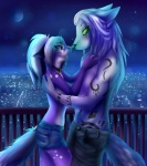 anthro blue_eyes clothed clothing collar duo female hair love male moon night outside rooftop star tail tattoo topless white_hair eipril angelos jinxy_falina canid canine felid mammal 2012 cool_colors hi_res