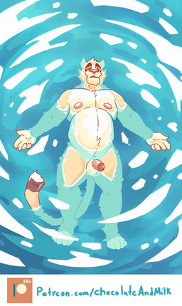 anthro balls belly big_belly cheek_tuft eyes_closed facial_tuft flaccid front_view fur genitals humanoid_genitalia humanoid_penis male male_anthro moobs nipples nude open_mouth orange_body orange_fur overweight overweight_anthro overweight_male partially_submerged penis pink_penis solo tuft yellow_balls yellow_body yellow_fur chocolateandmilk felid feline mammal absurd_res hi_res