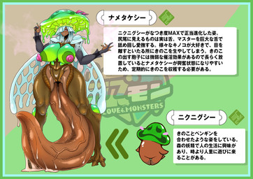 blue_hair bodily_fluids breasts brown_body brown_skin cape clothing cum dark_body dark_skin duo female fungus genital_fluids green_background green_breasts hair huge_tongue mascot mushroom mushroom_in_nipple self_insert simple_background slime text vein wings nikunigushii elemental_creature elemental_humanoid fungi_fauna fungi_humanoid humanoid mushroom_humanoid absurd_res hi_res japanese_text translation_request