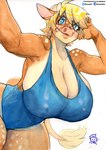 anthro biped blonde_hair breasts clothed clothing eyelashes female fur hair multicolored_body one-piece_swimsuit pupils smile solo swimwear thick_thighs murazaki momo_(doodle_dip) bovid bovine cattle mammal absurd_res hi_res traditional_media_(artwork)