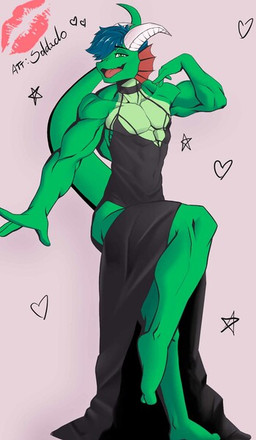 anthro athletic athletic_anthro athletic_male autograph barefoot black_clothing black_dress blue_hair character_signature clothed clothing crossdressing dress feet frill_(anatomy) green_body green_scales hair heart_symbol horn kiss_mark looking_at_viewer male muscular muscular_male on_one_leg one_eye_obstructed open_mouth pose scales simple_background solo standing star tongue gambito234 hollow_hip_backless_chain_dress mythology dragon mythological_creature mythological_scalie scalie full-length_portrait portrait