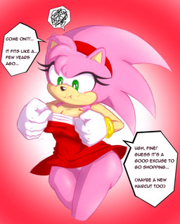 accessory anthro bracelet breasts cleavage clothed clothing dialogue eyelashes female fur gloves green_eyes hair_accessory hairband handwear jewelry panties pink_background pink_body pink_fur pouting simple_background solo speech_bubble tan_body tan_skin text thick_thighs tugging_clothing underwear chiridaigo sega sonic_adventure sonic_the_hedgehog_(series) amy_rose amy_rose_(adventure_1_concept_design) eulipotyphlan hedgehog mammal absurd_res english_text hi_res
