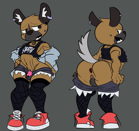 absolute_territory anthro anus backsack balls black_clothing black_eyes black_footwear black_shirt black_socks black_topwear bottomwear bottomwear_down brown_anus brown_body brown_fur butt chastity_cage chastity_device clothed clothing collar crop_top denim denim_bottomwear denim_clothing denim_shorts ear_piercing ear_ring facial_markings femboy footwear front_view fur genitals grey_background grey_body grey_bottomwear grey_clothing grey_fur grey_shorts head_markings inner_ear_fluff jacket legwear looking_back male markings navel off_shoulder open_mouth pants pants_down partially_clothed perineum piercing pink_chastity_cage presenting presenting_hindquarters rear_view red_clothing red_footwear red_shoes ring_piercing sharp_teeth shirt shoes shorts simple_background sleeveless_shirt socks solo spots spotted_markings tail tail_tuft teeth teeth_showing text text_on_clothing text_on_shirt text_on_topwear thigh_highs topwear tuft white_body white_fur wide_hips ream_n_cream aggretsuko sanrio haida_(aggretsuko) hyena mammal spotted_hyena 2023 english_text hi_res