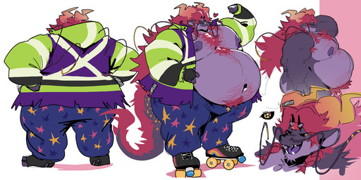 anthro belly big_belly big_nipples black_sclera body_hair braided_hair chest_hair chest_tuft clothed clothing countershading eyes_closed flexing footwear gloves hair hands_on_hips handwear happy_trail high-vis horn long_hair looking_back male musclegut muscular nipples open_clothing open_mouth open_shirt open_topwear overweight overweight_male pecs quad_skates roller_skates shirt smile solo star_symbol tail topwear tuft whiskers enbooka mythology dragon eastern_dragon mythological_creature mythological_scalie scalie 2:1 hi_res model_sheet