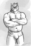 anthro bulge clothing hair looking_at_viewer male musclegut muscular navel smile smirk solo standing underwear amarox amarox_(character) canid canine canis mammal wolf digital_drawing_(artwork) digital_media_(artwork) hi_res monochrome sketch