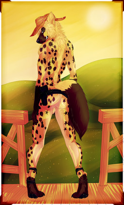 anthro back_muscles backsack balls belt biped black_nose blonde_hair brown_body brown_fur butt claws clothing cowboy_hat detailed_background feet fence fur genitals grass grin gun hair hat headgear headwear hill hindpaw holster knock-kneed long_hair looking_at_viewer looking_back male mane nude open_mouth outside pawpads paws perineum plant pose presenting presenting_hindquarters ranged_weapon rear_view sky smile soles solo standing star sun tattoo teeth toes weapon western wild_west wood kikimochan gual_(afevis) hyena mammal spotted_hyena 2013 hi_res