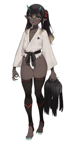 2_horns 5_fingers 5_toes accessory asian_clothing belt biped black_belt black_clothing black_eyebrows black_hair black_horn black_legwear black_thigh_highs blue_eyes blue_fingernails blue_horn blue_nails blue_toenails bow_ribbon clothed clothing colored_nails cute_fangs dark_body dark_skin dipstick_horn east_asian_clothing eyebrows eyelashes fangs feet female female_humanoid fingernails fingers flat_chested fundoshi grey_body grey_skin hair hair_accessory hair_between_eyes hair_bow hair_grab hair_ribbon horn humanoid_pointy_ears iris japanese_clothing kimono legwear long_fingernails long_hair long_nails long_ponytail long_toenails looking_at_viewer monotone_background monotone_body monotone_skin multicolored_horn nails not_furry one_fang open_mouth pigtails plantigrade pointy_ears ponytail pupils red_accessory red_hair_accessory red_ribbon ribbons robe severed_body_part severed_head sharp_fingernails sharp_horn sharp_nails sharp_toenails simple_background slim slim_female slim_humanoid slit_pupils solo standing stirrup_legwear stirrup_thigh_highs straight_horn tan_highlights teeth thigh_highs toenails toes torn_clothing torn_kimono torn_robe touching_hair underwear white_background white_clothing white_fundoshi white_kimono white_robe white_sclera white_underwear accio asian_mythology east_asian_mythology japanese_mythology mythology demon demon_humanoid horned_humanoid humanoid oni yokai full-length_portrait hi_res portrait shaded