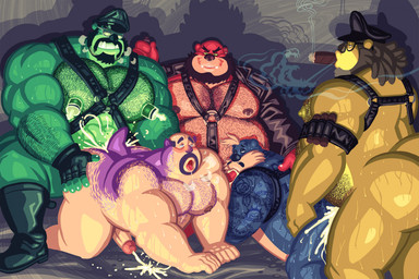 all_fours anal anal_penetration anthro anthro_on_anthro anthro_penetrated anthro_penetrating anthro_penetrating_anthro arm_tattoo back_tattoo bald beard belly blue_body blue_fur bodily_fluids boots butt cigar clothing cross-eyed cum cum_from_ass cum_in_ass cum_inside cumshots dreadlocks drooling ejaculation epilogue erection facial_hair fingerless_gloves footwear fur genital_fluids genitals gloves green_body green_fur group group_sex hairy half-closed_eyes hands-free handwear harness hat head_tail headgear headwear human_to_anthro humanoid_genitalia humanoid_penis leather leather_boots leather_clothing leather_daddy leather_footwear leather_gloves leather_handwear leather_harness leather_hat leather_headgear leather_headwear looking_pleasured male male/male male_penetrated male_penetrating male_penetrating_male mature_male mid_transformation mostly_nude musclegut muscular mustache narrowed_eyes nipple_fetish nipple_piercing nipple_pump nipple_ring nipple_suckers nipples penetration penile penile_penetration penis penis_in_mouth piercing purple_body purple_fur red_body red_fur ring_piercing saliva sex shoes smile smoke smoking species_transformation tattoo tongue tongue_out transformation transformation_through_sex underbite yellow_body yellow_fur blazingcheecks human mammal mustelid otter 2026 hi_res story story_in_description