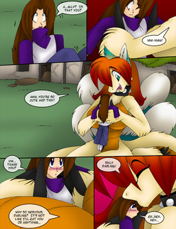 4_wings anthro big_breasts blue_eyes blush blush_lines breasts brown_hair carrying_another carrying_partner clothed clothing collar detailed_background dialogue duo eye_contact eyes_closed feathered_wings feathers featureless_breasts featureless_crotch female female_anthro fluffy fluffy_tail fur green_eyes hair holding_partner kiss_on_forehead kissing larger_female looking_at_another looking_at_partner male male/female multi_wing nude nude_anthro nude_female orange_body orange_hair orange_scales outside scales size_difference smaller_male snout speech_bubble spiked_collar spikes tail talking_to_another talking_to_partner tan_body tan_fur tan_skin text wings aakashi msfhwraith mana_(series) mythology square_enix dragon flammie furred_dragon furred_scalie human mammal mythological_creature mythological_scalie scalie 2010 comic digital_drawing_(artwork) digital_media_(artwork) english_text