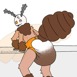 1_eye 4_arms ankle_tuft antennae_(anatomy) anthro arm_tuft arthropod_abdomen bent_over clothed clothing diaper facial_scar feces fur head_tuft leaning leaning_forward leg_tuft looking_at_viewer looking_back male multi_arm multi_limb neck_tuft open_mouth orange_diaper orange_eyes pooping rear_view relieved scar simple_background smile soiled_diaper soiling soiling_diaper solo standing tan_body tan_fur text tuft unclean_diaper used_diaper using_diaper wearing_diaper wings wrist_tuft carverthemoth carver_(carverthemoth) arthropod insect lepidopteran moth 1:1 2026 artist_name colored digital_drawing_(artwork) digital_media_(artwork) portrait watermark