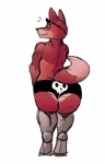 anthro bodily_fluids bone butt clothed clothing eye_patch eyewear fangs femboy fur legwear looking_at_viewer looking_back machine male muscular muscular_anthro muscular_femboy muscular_male panties red_body red_fur simple_background skull solo standing sweat teeth thick_thighs thigh_highs underwear white_background wide_hips dusty-pixels five_nights_at_freddy's scottgames foxy_(fnaf) animatronic canid canine fox mammal robot 2015