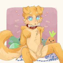 5_fingers anthro anus arm_tuft ball_tuft balls blue_eyes blush body_blush bone_in_mouth chest_tuft collar elbow_tuft erection eyebrows facial_tuft fingers floppy_ears fluffy fluffy_tail foreskin fur genitals heart_eyes heart_symbol humanoid_genitalia humanoid_penis kemono male male_anthro multicolored_body multicolored_fur nude_anthro nude_male onomatopoeia paw_pose penis penis_blush perineum plushie pose red_collar shoulder_tuft simple_background sitting solo sound_effects tail tan_balls tan_body tan_eyebrows tan_fur text tuft two_tone_body two_tone_fur vein veiny_penis white_background yellow_body yellow_fur young young_anthro young_male regcron crowl_(regcron) canid canine canis domestic_dog mammal 1:1 2025 english_text hi_res