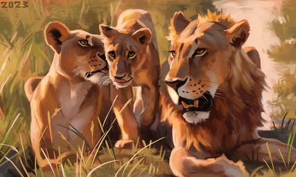 black_nose face_lick female feral fur grass group licking lying_on_ground male mane on_ground pink_tongue plant relaxing savanna sharp_teeth tan_body tan_fur teeth tongue trio walking whisker_spots whiskers white_chest white_paws yellow_eyes young alexpahomov felid lion mammal pantherine 2023 digital_media_(artwork) digital_painting_(artwork) painting_(artwork)