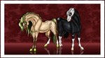 abstract_background black_body black_mane blue_eyes duo female feral flower flower_in_mouth green_eyes green_hooves green_mane hooves leg_markings male mane markings mouth_closed plant rose_(flower) rose_in_mouth socks_(marking) tan_body white_mane scarlanya equid equine horse mammal 16:9 widescreen