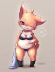 anthro belly big_belly big_breasts big_ears blush bodily_fluids bottomwear breasts clothing female fur looking_down panties pregnant short_stack shy slightly_chubby solo underwear mei_(artist) canid canine canis domestic_dog mammal 2019 alternate_version_at_source hi_res