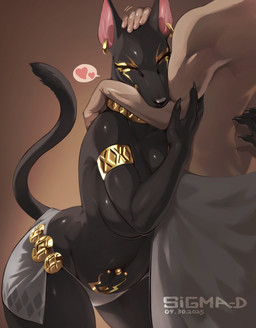 anthro big_breasts breasts clothed clothing ear_piercing ear_ring female heart_symbol human_on_anthro interspecies male male_human piercing ring_piercing simple_background sigma-d laila_(sigma-d) anubian_jackal canid canine canis human jackal mammal 2025 absurd_res dated digital_media_(artwork) hi_res