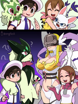 aged_up ambiguous_gender angry anthro armor before_and_after belt blonde_hair blue_eyes breasts brown_eyes brown_hair cleavage clothed clothing eyelid_pull eyelid_pull_taunt eyes_closed female feral fur gesture gradient_background green_body green_fur group hair headgear helmet helmet_over_eyes larger_female male obscured_eyes purple_background question_mark red_eyes simple_background size_difference skimpy teasing unconvincing_armor white_body white_fur bongftah bandai_namco digimon nintendo pokemon florian_(pokemon) hikari_kamiya angewomon digimon_(species) felid feline gatomon generation_9_pokemon human humanoid mammal meowscarada pokemon_(species) sprigatito 2koma 3:4 absurd_res comic hi_res