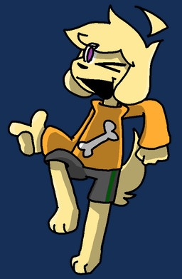 anthro biscuit_(dastarman) bone bottomwear clothing fur hair male one_eye_closed orange_clothing pose purple_eyes shorts smile solo tail wink yellow_body yellow_fur dastarman canid canine mammal alpha_channel